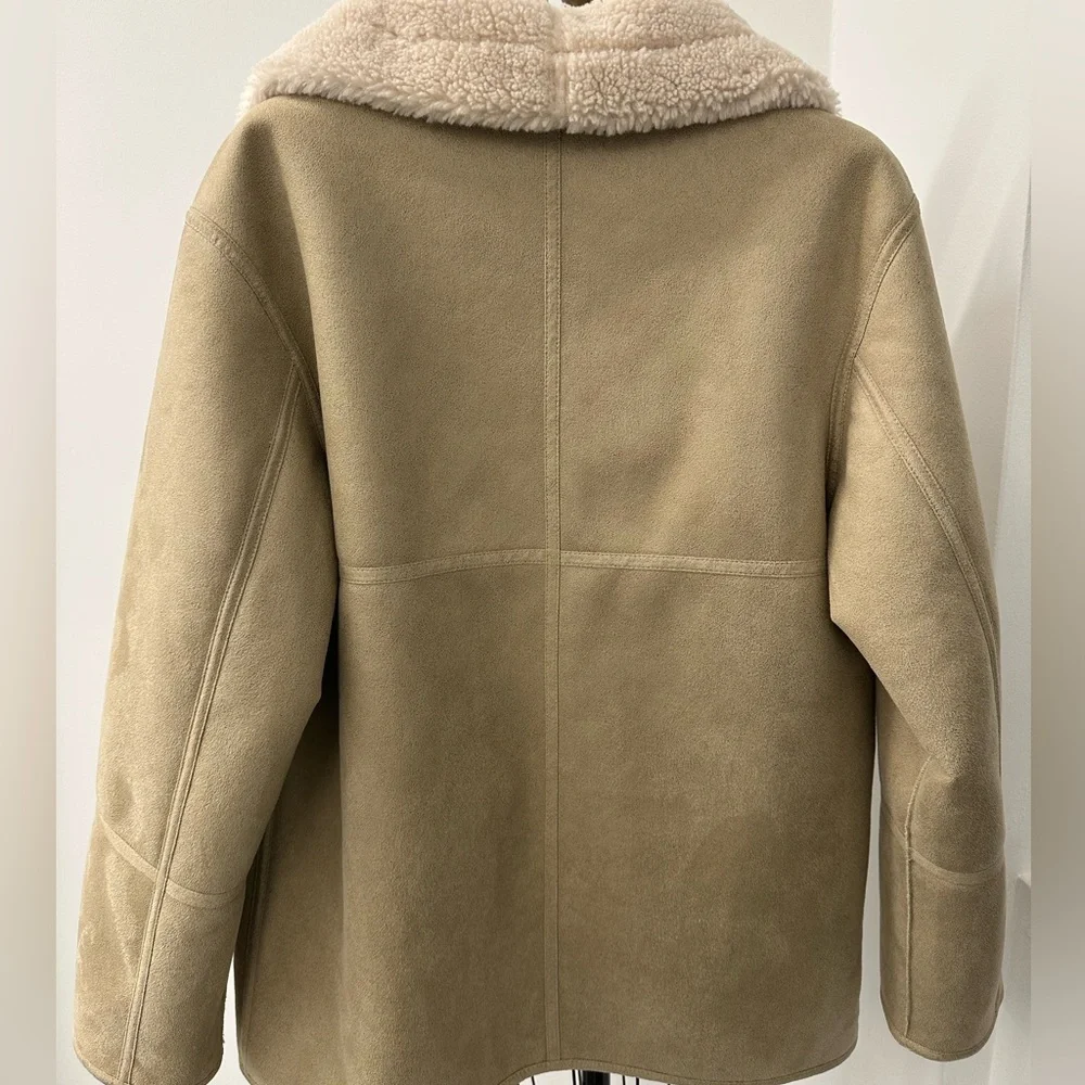 NWOT! MANGO Faux Shearling Zipper oversized turtleneck Coat Small Cream/Beige - Picture 6 of 8